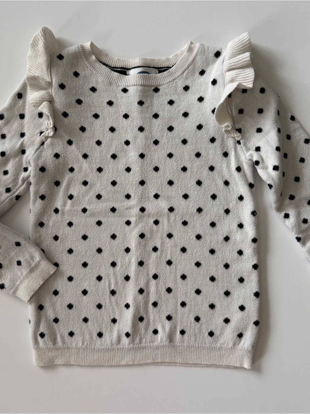 Cream Polka Dot Ruffle Shoulder Sweater